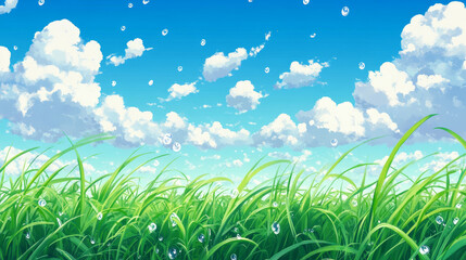 Obraz premium Realistic green grass under blue sky. Vector illustration of fresh herbs growing in field with morning dew drops sparkling in sun and peaceful skyline with white clouds. Beautiful nature background