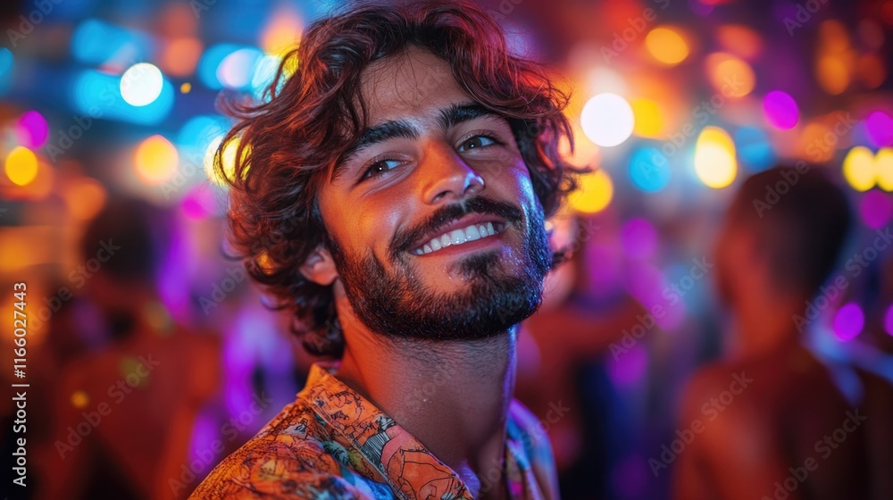 Poster a person with a beard smiles directly at the camera