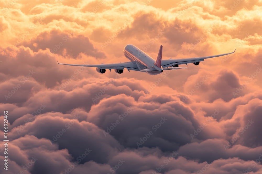 Canvas Prints An airplane soaring through a cloudy sky at sunset