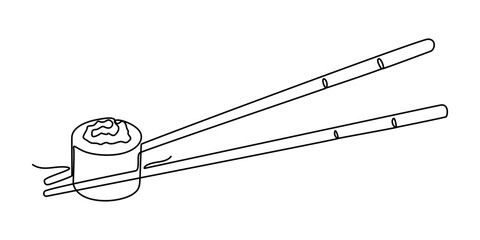 One line  Drawing or illustration of chopsticks holding a piece of sushi, Continuous Line Drawing of Sushi Icon. Hand Drawn Symbol Vector Illustration, Continuous one line drawing of chopsticks hold. 