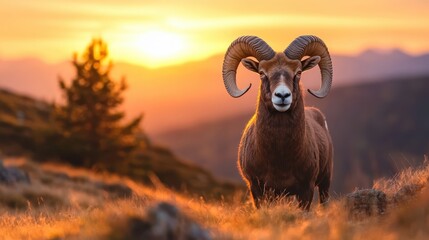 This beautiful image captures the silhouette of a ram standing proudly on a serene hill as the sun sets, encapsulating the essence of nature, peace, and tranquility.