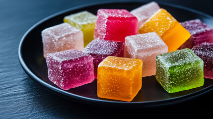Colorful Cube-Shaped Jelly Candies on a Black Surface