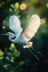 A large white bird soars through the air above a dense and vibrant green forest