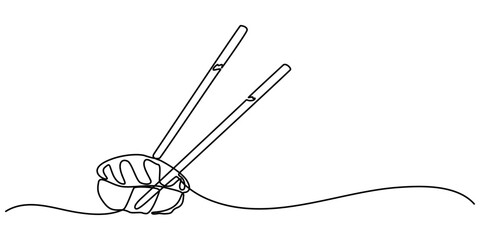 One line  Drawing or illustration of chopsticks holding a piece of sushi, Continuous Line Drawing of Sushi Icon. Hand Drawn Symbol Vector Illustration, Continuous one line drawing of chopsticks hold. 