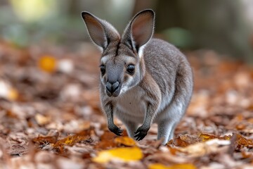 Fototapeta premium A close-up shot of a kangaroo in a lush green field with falling leaves