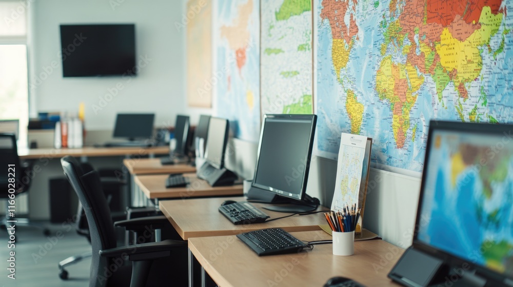 Poster row of computers sitting on a wooden desk, great for office or workspace illustrations