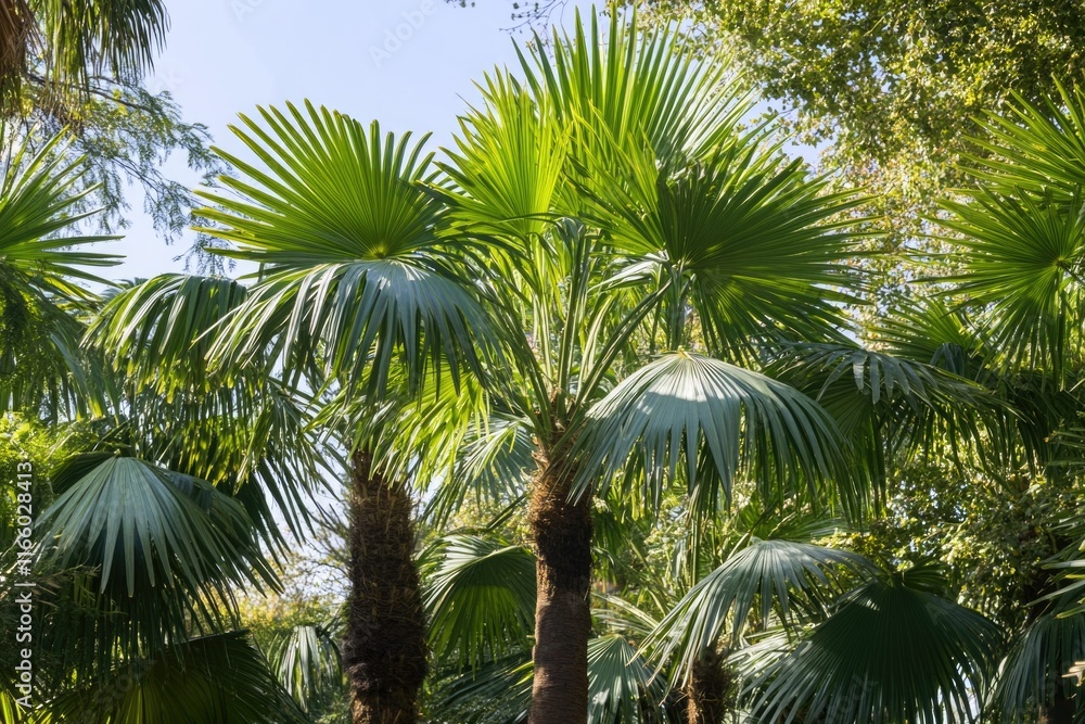 Poster a cluster of palm trees surrounded by forest foliage