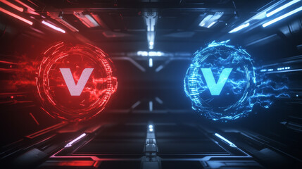 Versus screen design for game battles, sport competition and challenge. Vector template of headline with glowing blue and red VS symbols for mma or boxing match isolated on black background