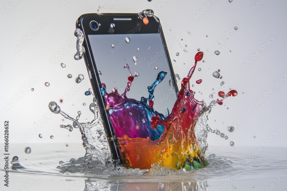 Poster a smartphone with a small amount of water splashed on its screen