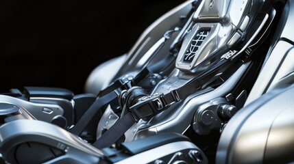 A detailed shot of a motorcycle's engine, ideal for automotive or mechanical themed projects