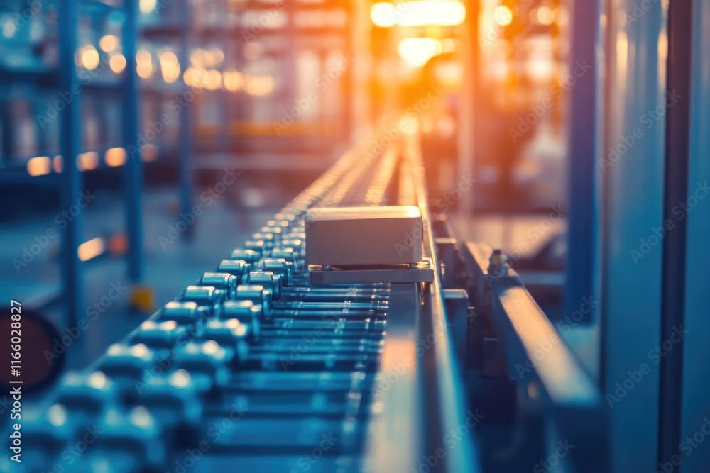 Poster industrial setting with a box moving along a conveyor belt in a factory