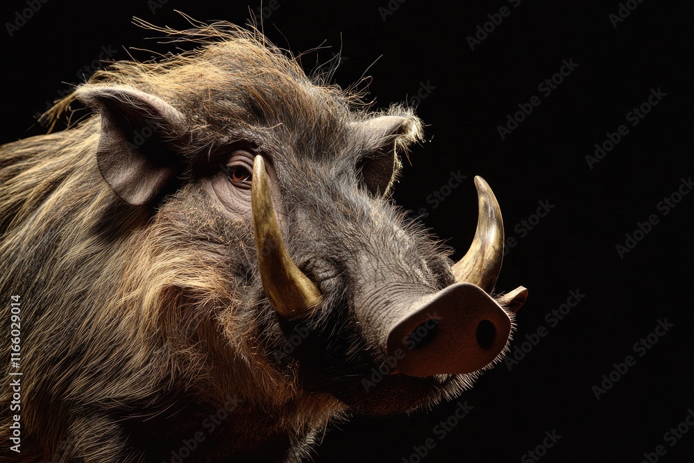 Poster a close-up view of a boar's head on a black background, perfect for use in hunting or nature-themed 