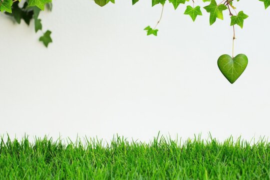 A single heart-shaped leaf hangs from a tree branch, surrounded by greenery