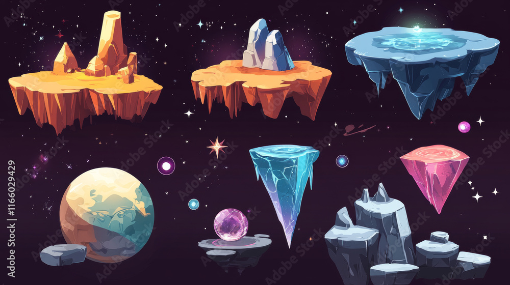 Poster outer space game level ui design creation kit. cartoon set of 2d platform and islands with rocks and