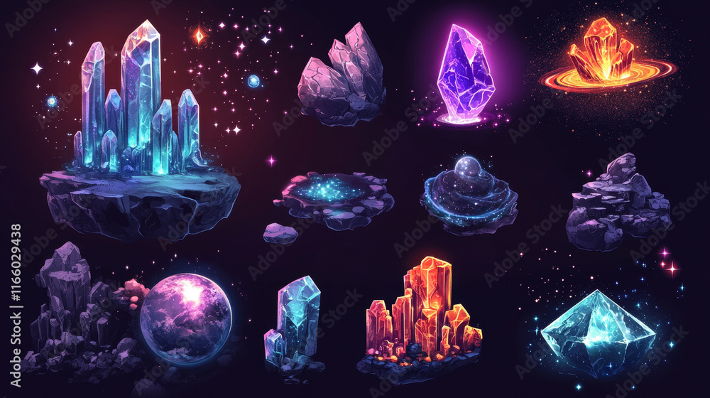 Poster outer space game level ui design creation kit. cartoon set of 2d platform and islands with rocks and
