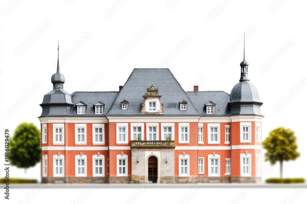 Poster a historic red and white building with a clock tower, perfect for use in travel or architecture imag