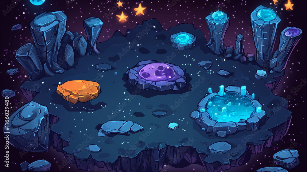 Poster outer space game level ui design creation kit. cartoon set of 2d platform and islands with rocks and