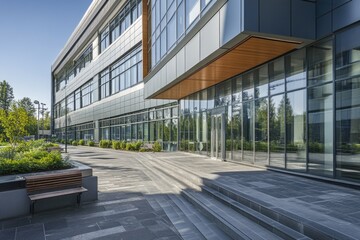 A bench sits outside a modern glass building entrance with a minimalist design