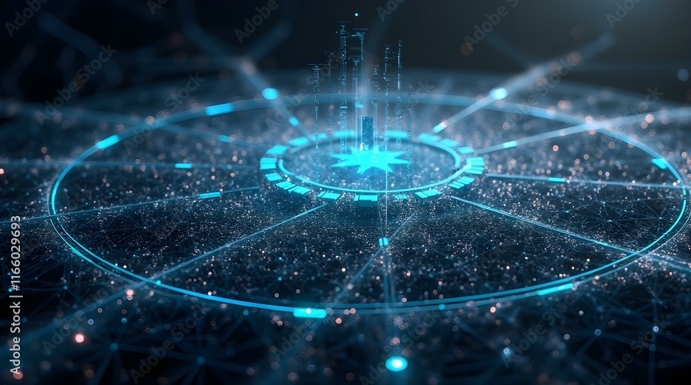Aufkleber abstract glowing blue network nodes connected by lines on a dark background.