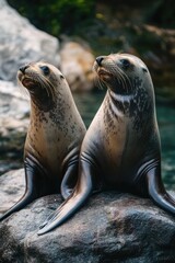Obraz premium Two sea lions sitting on a rock in the water, looking out at the camera
