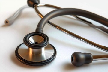 A stethoscope laid out on a white table, ideal for medical or healthcare related uses