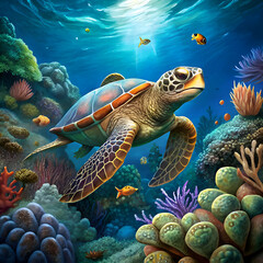 Fototapeta premium Majestic sea turtle swims among vibrant coral.