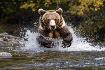 Obraz premium A brown bear plays in the river, splashing water with its paws