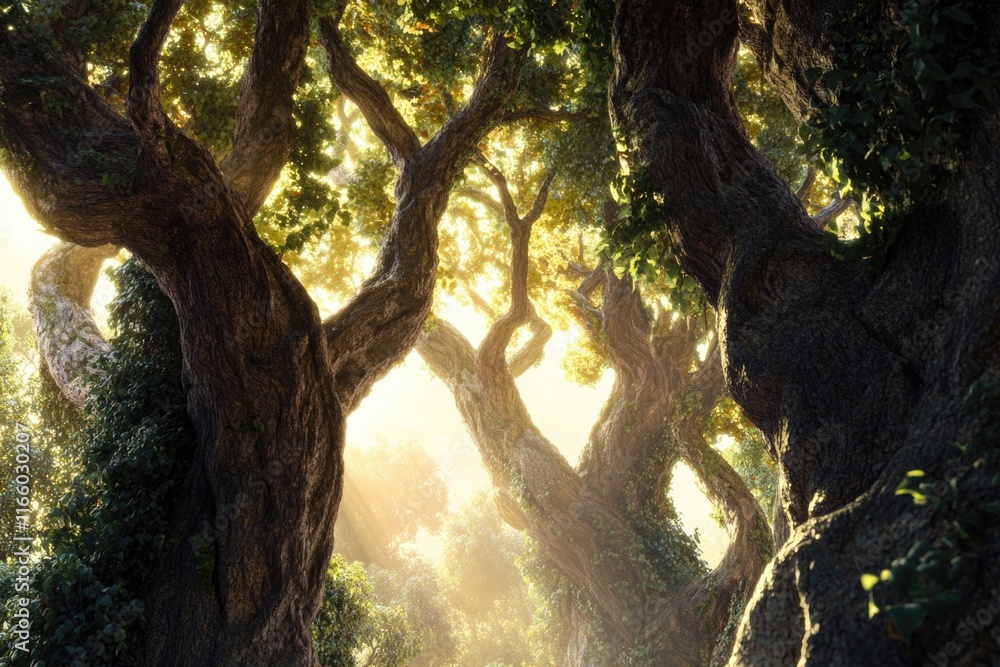 Poster Trees illuminated by sunlight in a forest setting