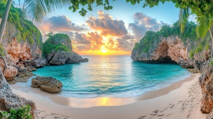 Fototapeta premium Secluded cove sunset, turquoise water, palm trees, sandy beach.