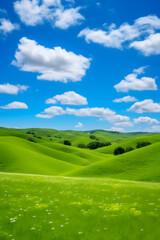 Obraz premium Nature's Canvas: A Beautiful Landscape of Rolling Hills and Calm Stream Under Clear Blue Sky