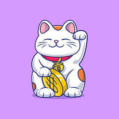 Maneki neko. Japanese beckoning cat. Cartoon vector icon