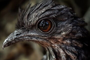 A close-up shot of a bird's face with an unusually large eye
