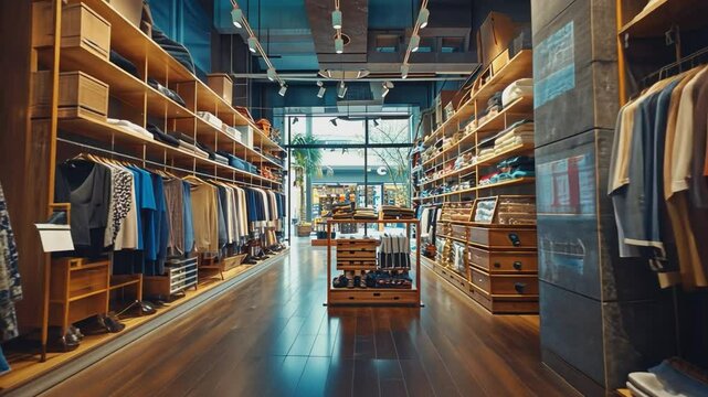 A sleek and stylish retail space showcases a curated collection of men's apparel, with warm wooden shelving and flooring creating a sophisticated ambiance.