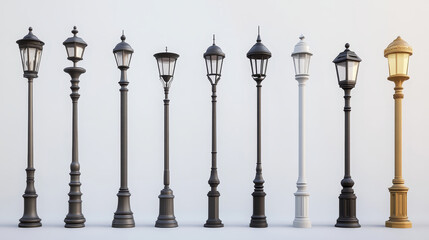 3d metal pole base of different shapes and colors. Realistic vector set of grey and black, gold and bronze metallic column pipe with screws for advertising billboard, signpost or streetlight.