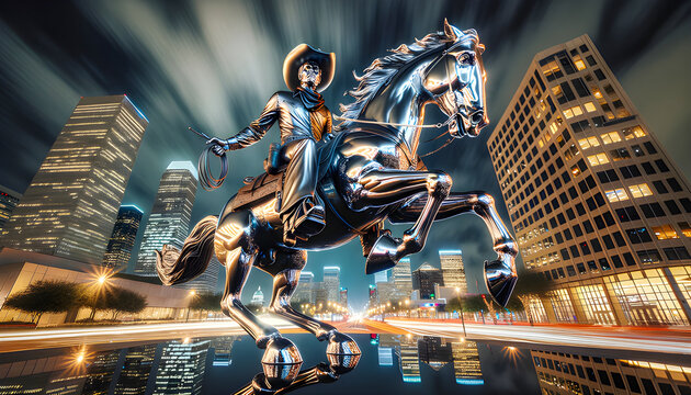 a large shiny chrome statue depicts a cowboy riding a horse, capturing a dynamic, action-packed moment with sleek reflections, evoking strength, adventure, and the spirit of the wild west