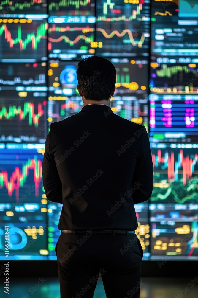 Poster a businessman stands in front of a wall of graphs, representing data and statistics