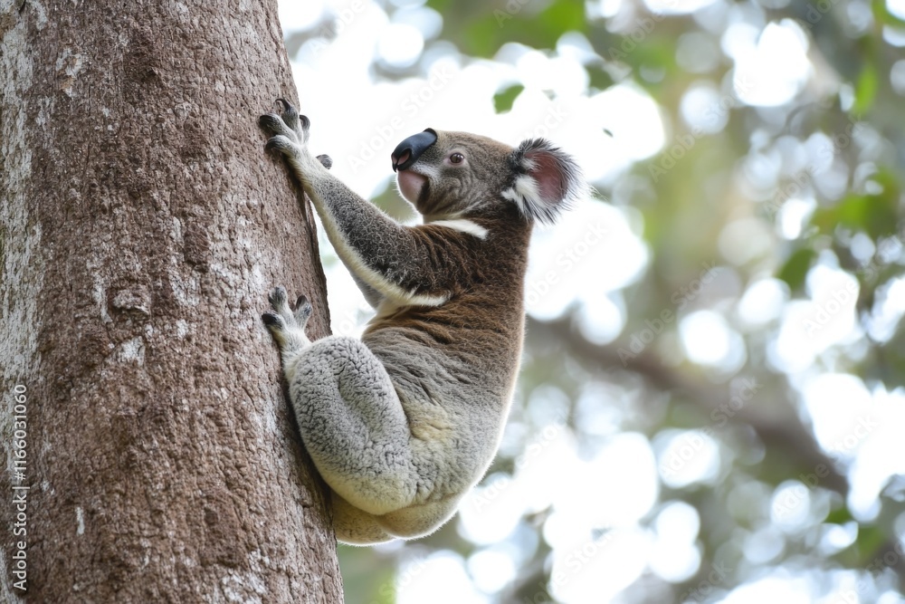 Poster a koala is seen climbing up the side of a tree, showing its agility and strength