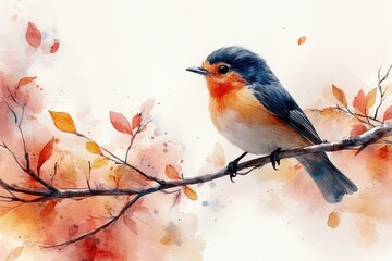 A bird sits on a tree branch in a whimsical watercolor illustration