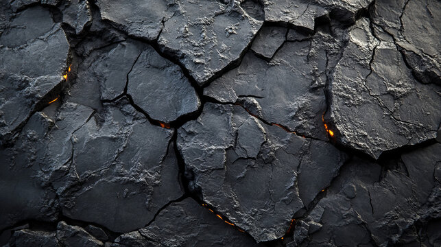 Lava rock with crack and light texture vector volcano set. Fire and magma in broken stone effect with glow game illustration. Black coal object construction for hell geology background.