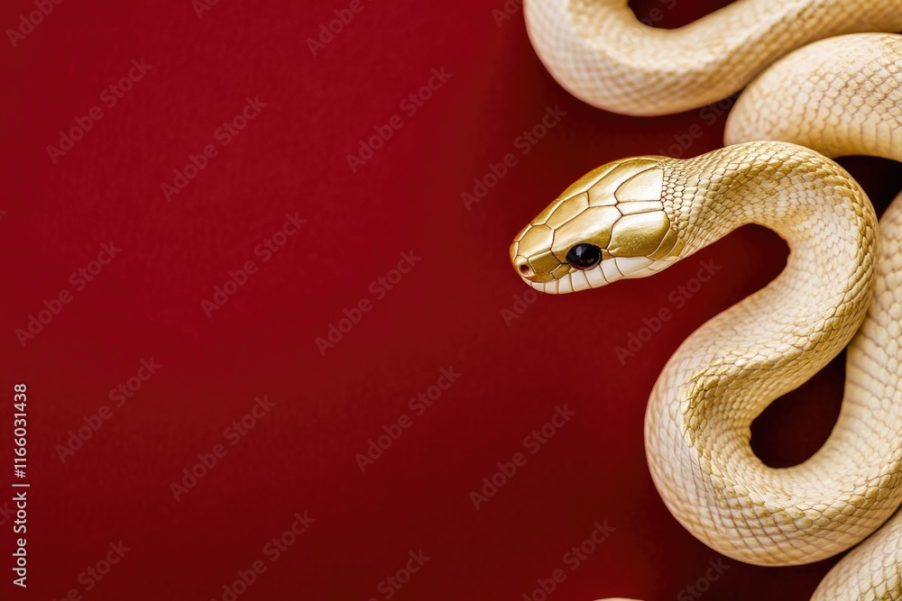 Poster A close-up image of a white snake with a distinctive black eye mark on a vibrant red background