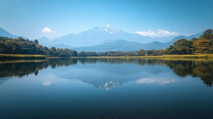 Serene mountain lake reflecting majestic peak.