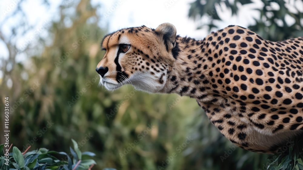 Poster A close-up view of a cheetah's face and body resting on a tree branch