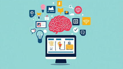 Neuromarketing concept with women research brain with computer and icons of target, idea and megaphone. Marketing strategy with neuroscience knowledge, vector contemporary illustration