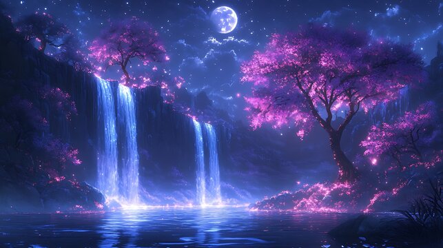 Ethereal night scene with waterfalls cascading down a cliff, illuminated by moonlight, surrounded by glowing pink trees and flowers.