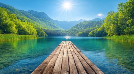 Serene mountain lake with wooden dock.