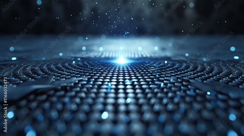 Poster glowing particles floating above futuristic hexagonal surface generating bright light, perfect for t
