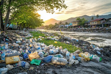 Obraz premium Innovative waste management solutions for landfill transformation near river environmental impact urban landscape sustainable practices