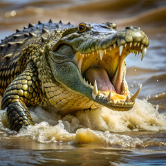 Obraz premium Open-mouthed caiman ready to strike.