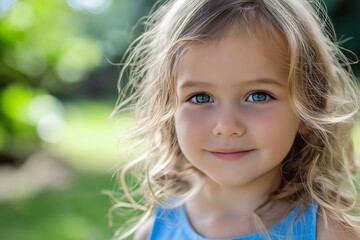 Fototapeta premium A joyful child with curly hair smiles brightly, capturing the happiness of a sunny day outdoors.