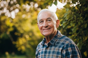 An elderly man smiles warmly, embodying wisdom and happiness amidst the lush greenery and sunlight.